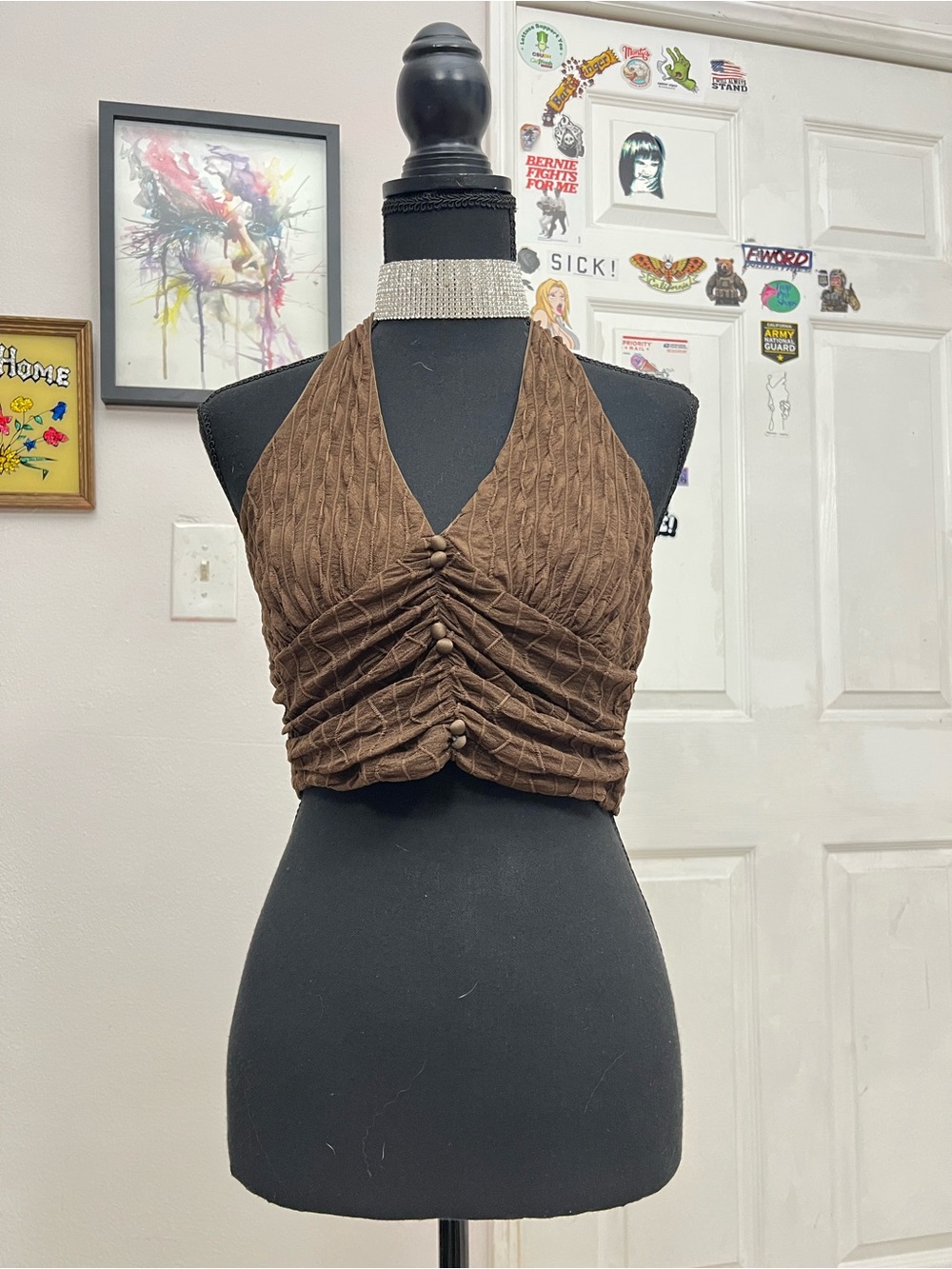 Brown Ruched Halter Crop Top - Women